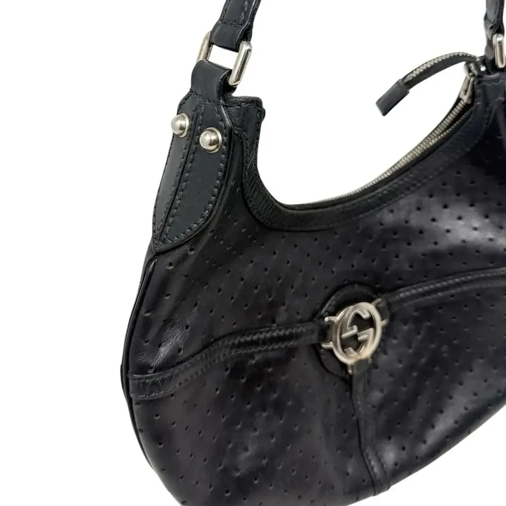 Gucci Reins Vintage Interlocking GG Perforated Leather Black Hobo Bag Purse